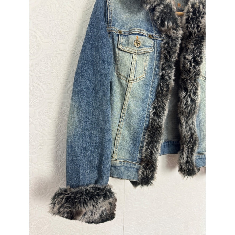 Vintage Y2K Allen B Allen Schwartz Faux Fur Trim Denim Jacket Medium Wash Small - Picture 3 of 10